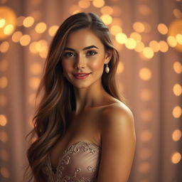 A stunning portrait of a young woman with long flowing hair, wearing an elegant evening gown