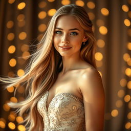 A stunning portrait of a young woman with long flowing hair, wearing an elegant evening gown
