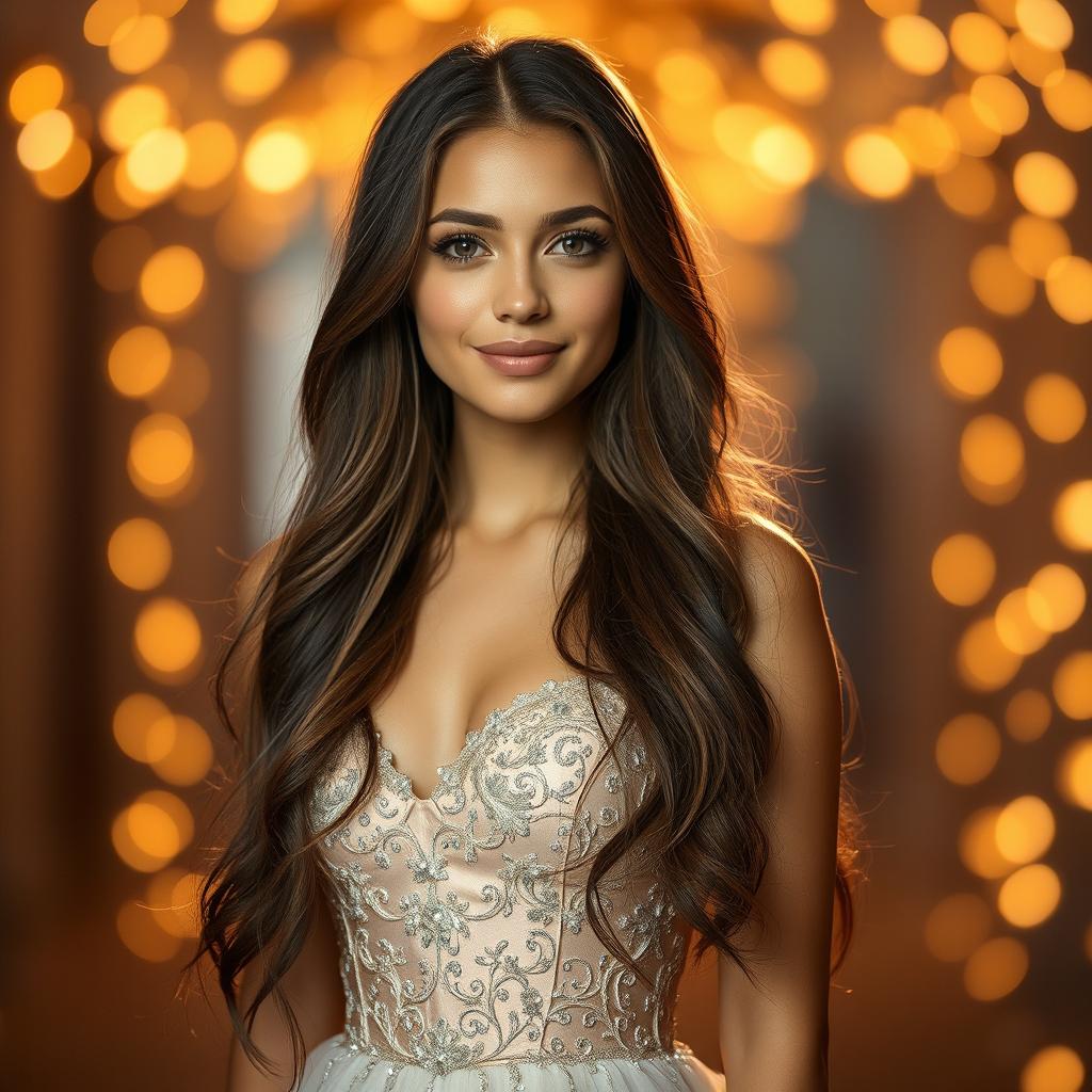 A stunning portrait of a young woman with long flowing hair, wearing an elegant evening gown