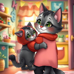 A whimsical storybook-style illustration depicting a little gray and black cat with green eyes wearing a simple red hoodie, hugging its mama cat, who also has gray and black fur in a slightly different tone, adorned with cute green eyes and a pink apron