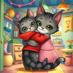 A whimsical storybook-style illustration depicting a little gray and black cat with green eyes wearing a simple red hoodie, hugging its mama cat, who also has gray and black fur in a slightly different tone, adorned with cute green eyes and a pink apron