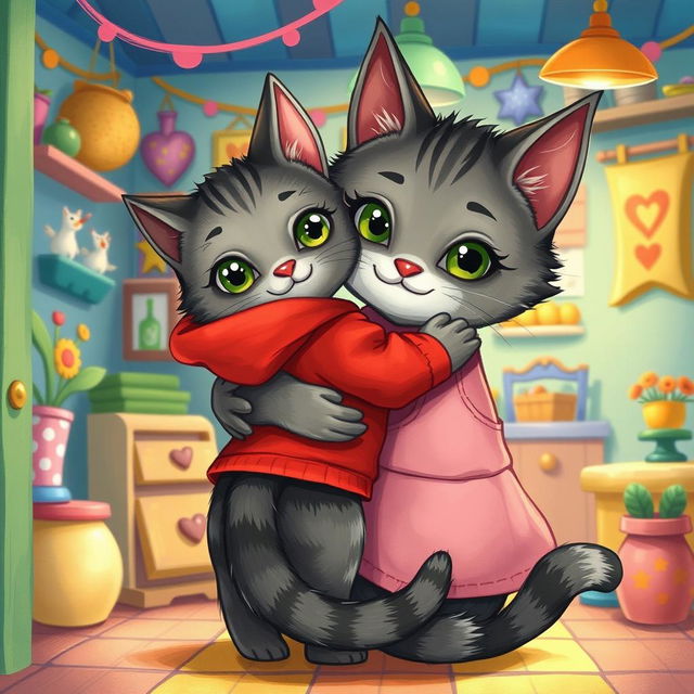 A whimsical storybook-style illustration depicting a little gray and black cat with green eyes wearing a simple red hoodie, hugging its mama cat, who also has gray and black fur in a slightly different tone, adorned with cute green eyes and a pink apron