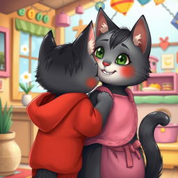 A whimsical storybook-style illustration depicting a little gray and black cat with green eyes wearing a simple red hoodie, hugging its mama cat, who also has gray and black fur in a slightly different tone, adorned with cute green eyes and a pink apron