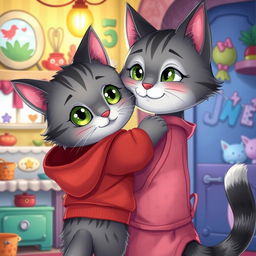 A whimsical storybook-style illustration depicting a little gray and black cat with green eyes wearing a simple red hoodie, hugging its mama cat, who also has gray and black fur in a slightly different tone, adorned with cute green eyes and a pink apron