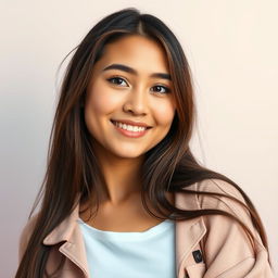 A portrait of a young woman with a weight of 73 kg and height of 160 cm, showcasing a confident and vibrant expression