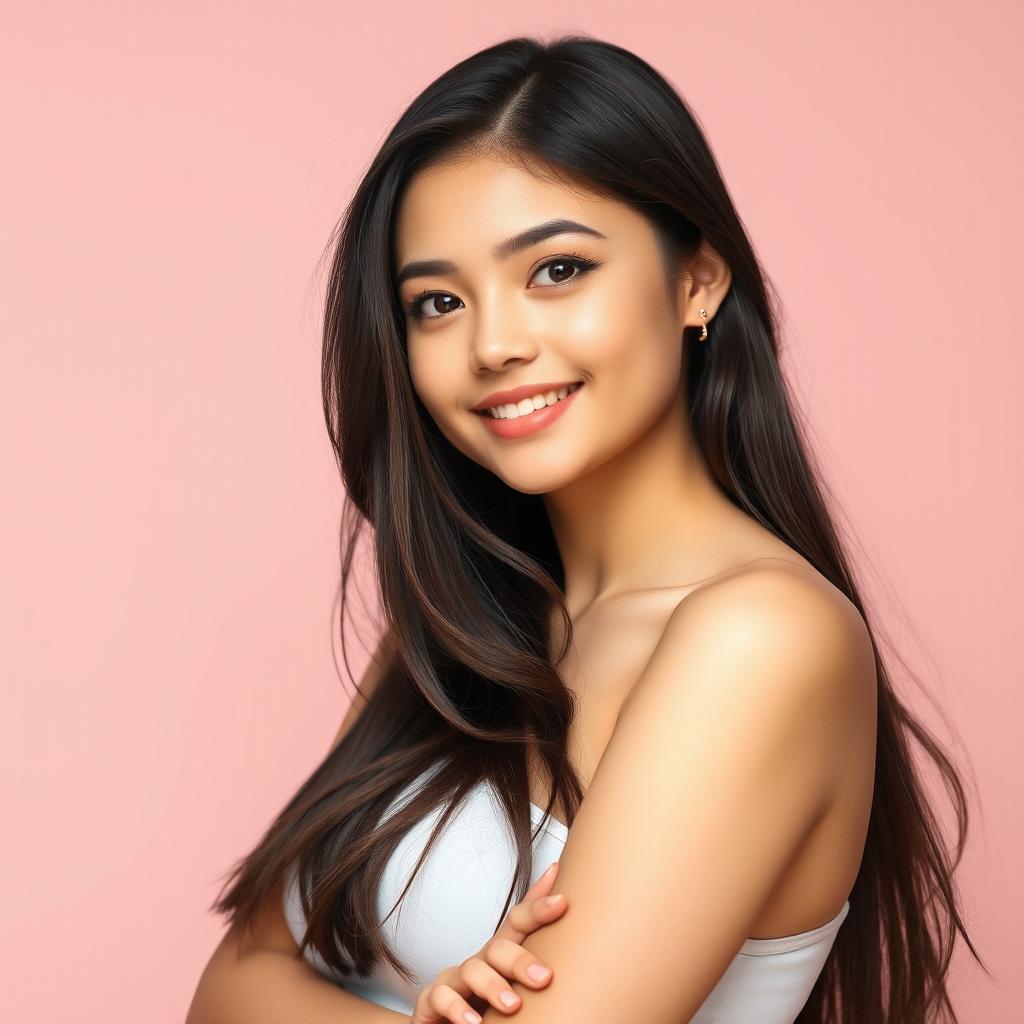 A portrait of a young woman with a weight of 73 kg and height of 160 cm, showcasing a confident and vibrant expression