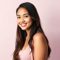A portrait of a young woman with a weight of 73 kg and height of 160 cm, showcasing a confident and vibrant expression