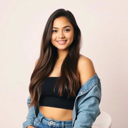A portrait of a young woman with a weight of 73 kg and height of 160 cm, showcasing a confident and vibrant expression