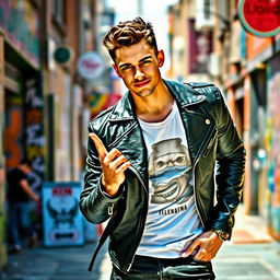 A dynamic, solo portrait of a stylish young man, standing confidently in a vibrant urban setting