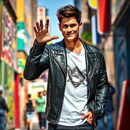 A dynamic, solo portrait of a stylish young man, standing confidently in a vibrant urban setting