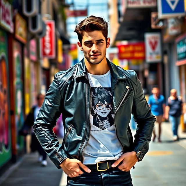 A dynamic, solo portrait of a stylish young man, standing confidently in a vibrant urban setting