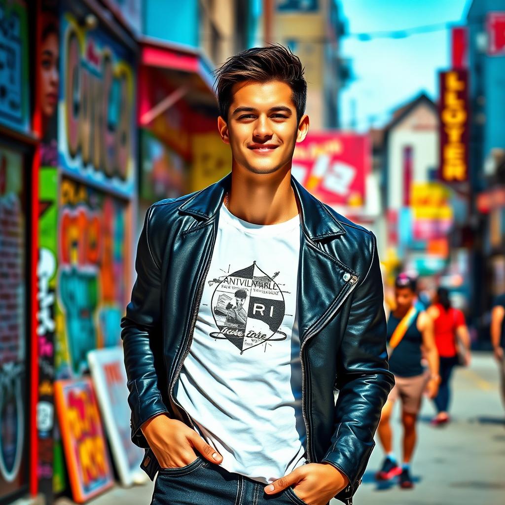 A dynamic, solo portrait of a stylish young man, standing confidently in a vibrant urban setting