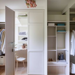 A comprehensive view of a well-organized bedroom featuring a closed walk-in closet, a compact study table, a small book rack, design notably separates the closet and study areas.