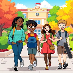 A vibrant school journey scene depicting a group of diverse students walking together to school