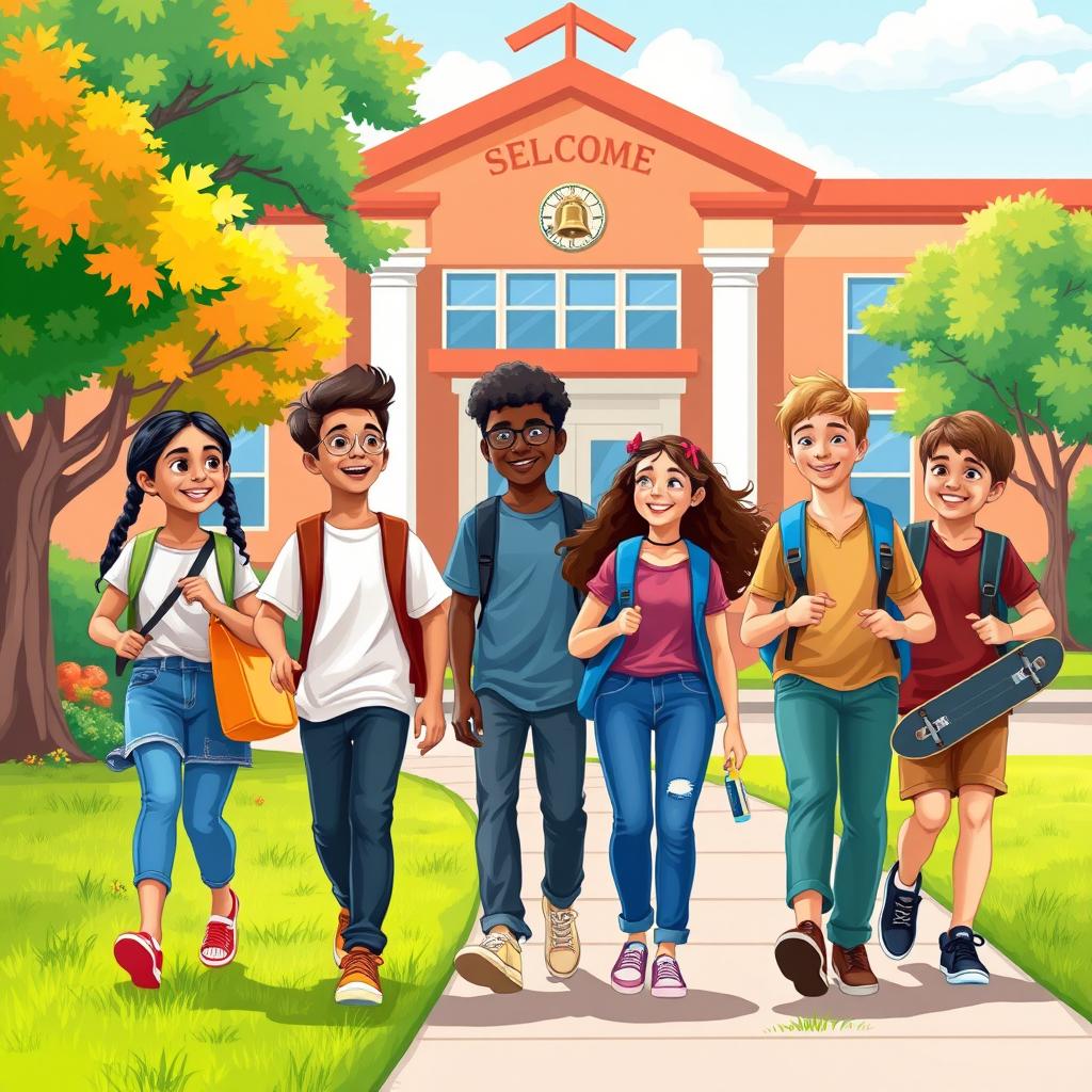A vibrant school journey scene depicting a group of diverse students walking together to school