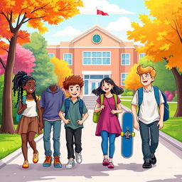 A vibrant school journey scene depicting a group of diverse students walking together to school