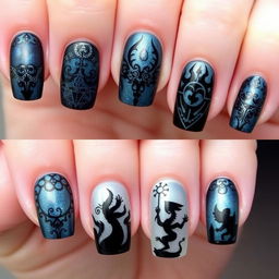 A beautiful set of short nails inspired by the Shadow and Bone series