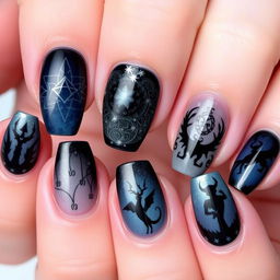 A beautiful set of short nails inspired by the Shadow and Bone series