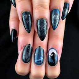 A beautiful set of short nails inspired by the Shadow and Bone series