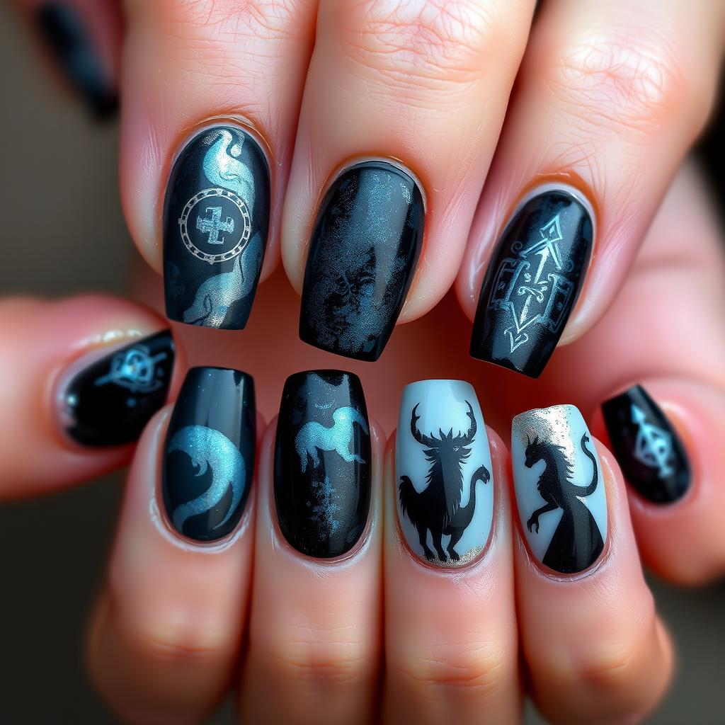 A beautiful set of short nails inspired by the Shadow and Bone series