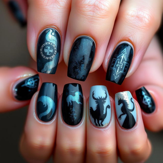 A beautiful set of short nails inspired by the Shadow and Bone series