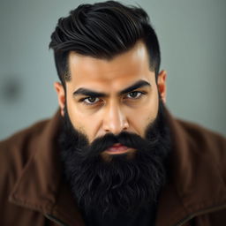 A handsome young man with a thick, black beard and sharp, piercing dark eyes
