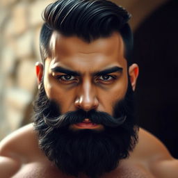 A handsome young man with a thick, black beard and sharp, piercing dark eyes
