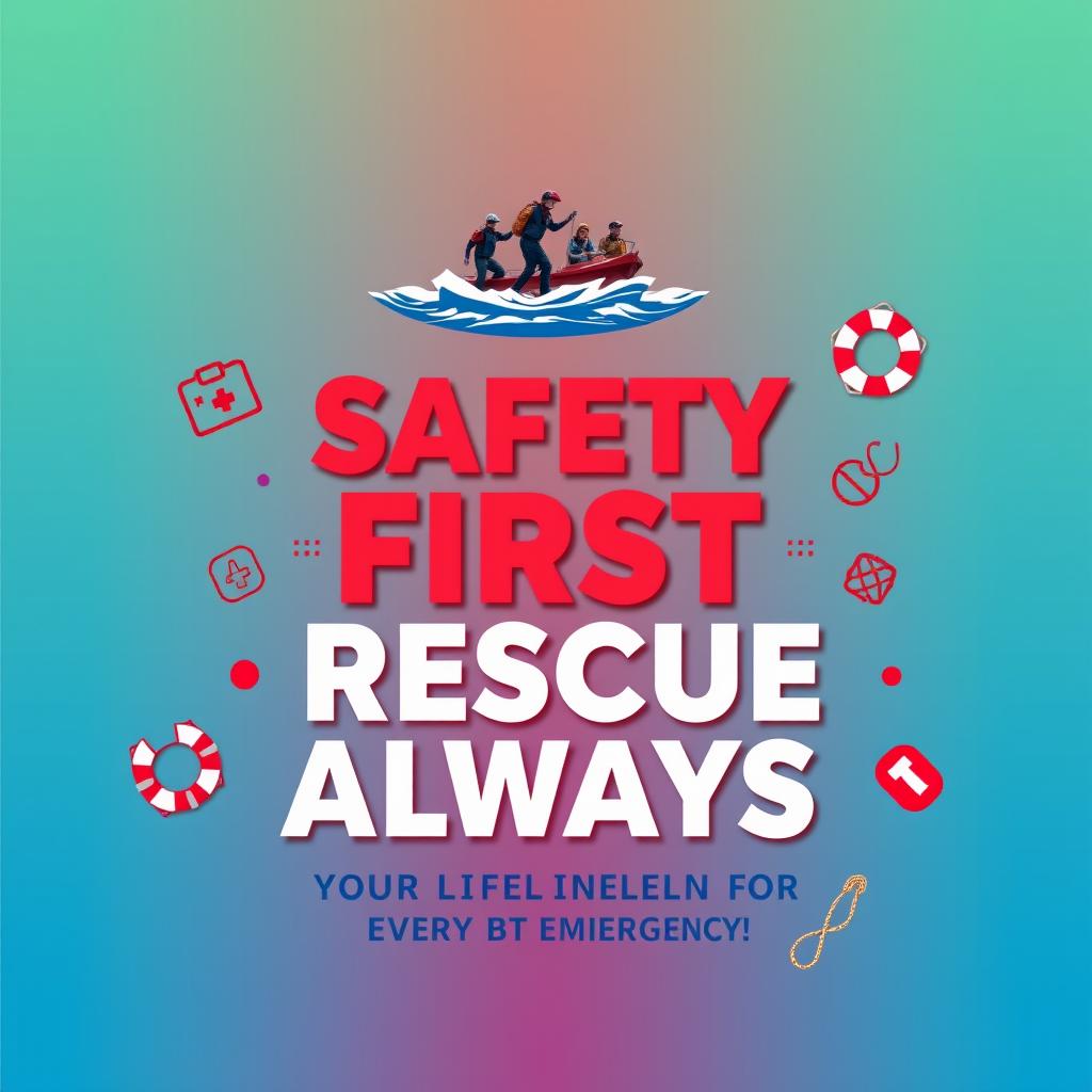 A visually striking poster designed with the slogan 'Safety First Rescue Always - Your Lifeline in Every Emergency!' prominently displayed