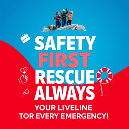 A visually striking poster designed with the slogan 'Safety First Rescue Always - Your Lifeline in Every Emergency!' prominently displayed