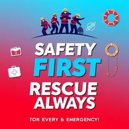 A visually striking poster designed with the slogan 'Safety First Rescue Always - Your Lifeline in Every Emergency!' prominently displayed