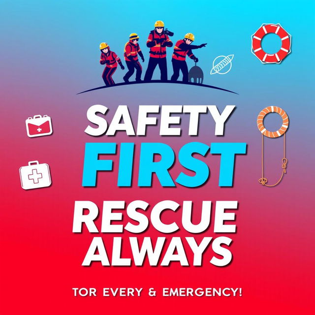 A visually striking poster designed with the slogan 'Safety First Rescue Always - Your Lifeline in Every Emergency!' prominently displayed