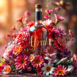 A beautifully crafted bottle with the name "Afrah" artistically written in an elegant, whimsical font