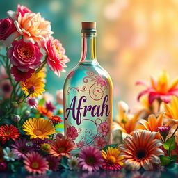 A beautifully crafted bottle with the name "Afrah" artistically written in an elegant, whimsical font