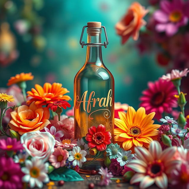 A beautifully crafted bottle with the name "Afrah" artistically written in an elegant, whimsical font