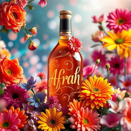 A beautifully crafted bottle with the name "Afrah" artistically written in an elegant, whimsical font
