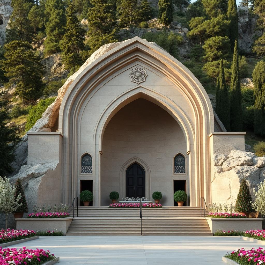 An elegant Islamic Persian-designed mausoleum with an arch-shaped structure, situated in a mountainous area surrounded by tall cypress and pine trees