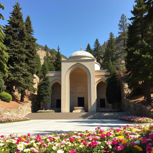 An elegant Islamic Persian-designed mausoleum with an arch-shaped structure, situated in a mountainous area surrounded by tall cypress and pine trees