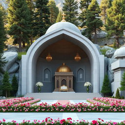 An elegant Islamic Persian-designed mausoleum with an arch-shaped structure, situated in a mountainous area surrounded by tall cypress and pine trees