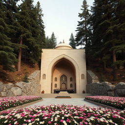 An elegant Islamic Persian-designed mausoleum with an arch-shaped structure, situated in a mountainous area surrounded by tall cypress and pine trees