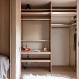 A comprehensive view of a well-organized bedroom featuring a closed walk-in closet, a compact study table, a small book rack, design notably separates the closet and study areas.