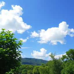 A stunning, high-resolution image capturing a clear blue sky with fluffy white clouds, vibrant greenery in the foreground, and a serene landscape that evokes a sense of peace and tranquility