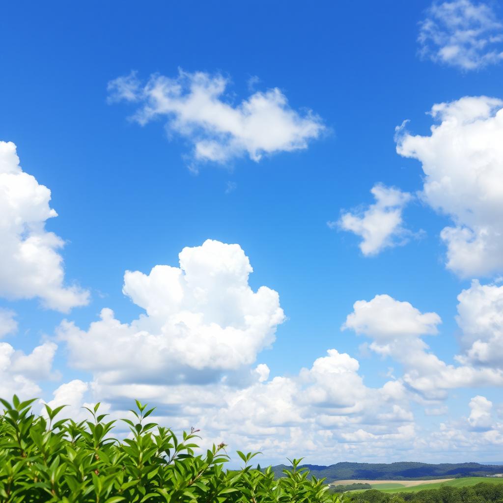 A stunning, high-resolution image capturing a clear blue sky with fluffy white clouds, vibrant greenery in the foreground, and a serene landscape that evokes a sense of peace and tranquility