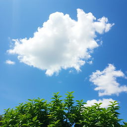 A stunning, high-resolution image capturing a clear blue sky with fluffy white clouds, vibrant greenery in the foreground, and a serene landscape that evokes a sense of peace and tranquility