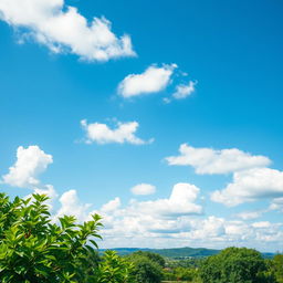 A stunning, high-resolution image capturing a clear blue sky with fluffy white clouds, vibrant greenery in the foreground, and a serene landscape that evokes a sense of peace and tranquility