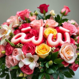 The phrase 'افراح قنينة' beautifully decorated, surrounded by vibrant roses, including exquisite Shami roses, gardenias, and jasmyn flowers, creating a lush floral arrangement that exudes elegance and joy