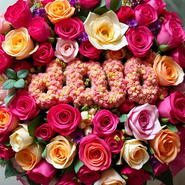 The phrase 'افراح قنينة' beautifully decorated, surrounded by vibrant roses, including exquisite Shami roses, gardenias, and jasmyn flowers, creating a lush floral arrangement that exudes elegance and joy