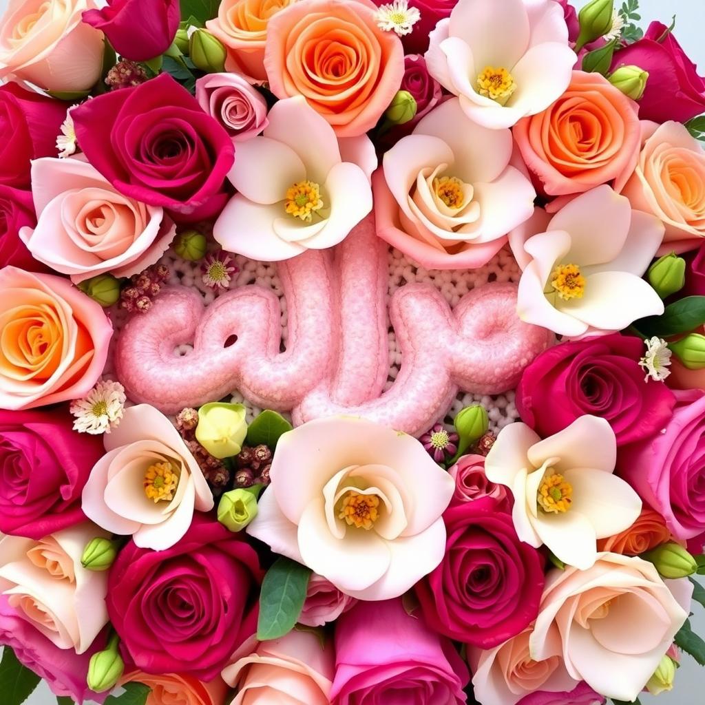 The phrase 'افراح قنينة' beautifully decorated, surrounded by vibrant roses, including exquisite Shami roses, gardenias, and jasmyn flowers, creating a lush floral arrangement that exudes elegance and joy