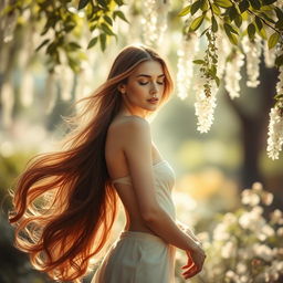 An elegant and graceful figure of a woman with flowing hair against a soft, natural setting