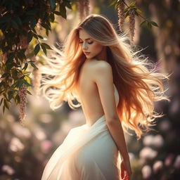 An elegant and graceful figure of a woman with flowing hair against a soft, natural setting
