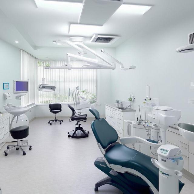 An efficient dental center with four individual dental treatment rooms. Each room features cutting-edge dental equipment, ample natural lighting, sterilized, gleaming instruments, ergonomic chairs and soothing wall colors to create a calming atmosphere for patients.